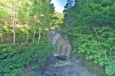 Small cascade flowing over dark rock surrounded by dense green forest at Kamuiwakka Hot Falls