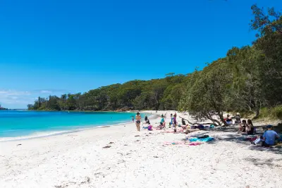 Visitors enjoy the brilliant white sand and clear turquoise water of Murrays Beach, backed by dense coastal forest in Booderee National Park.