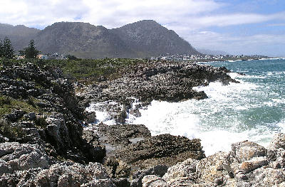 Waves crashing against the rocky shoreline of Walker Bay beneath the Hermanus mountains in South Africa