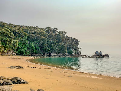 Sandy beach near Kaiteriteri with Split Apple Rock visible offshore in Tasman Bay, New Zealand.
