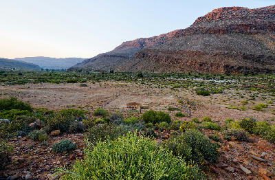 Expansive mountain valley near Wupperthal viewed from the Biedouw hiking trail, with rugged sandstone ridges, arid vegetation, and scattered signs of remote settlement.