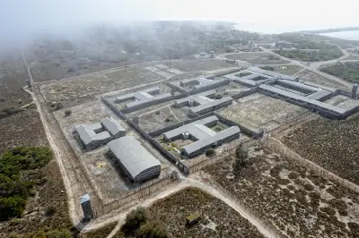 Aerial view of the historic Robben Island prison complex near Cape Town, South Africa.