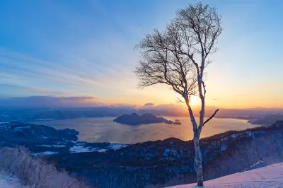Lone tree overlooking Lake Toya with Nakajima islands at sunrise in Hokkaido, Japan.