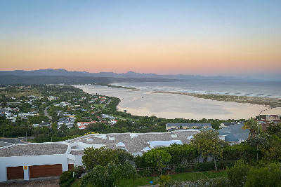 Sunrise view of the Keurbooms River Mouth showing the estuary, sandbanks and Indian Ocean coastline near Plettenberg Bay.