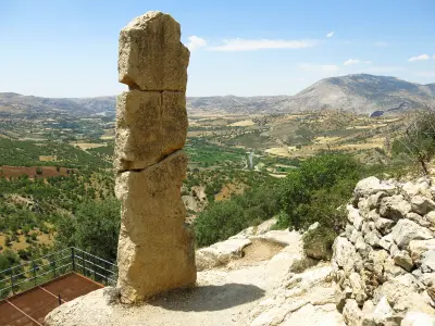 Rear of the ancient Mithras stele overlooking the mountainous landscape at Arsameia, Turkey.