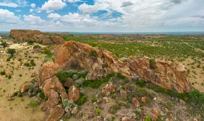 Aerial view of sandstone ridges and rocky landscapes in the Limpopo Valley near Botswana's southern border.