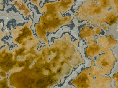 Aerial view of golden mineral deposits, pale salt crust and winding dark water channels forming abstract patterns at Lake Tuz, Turkey.