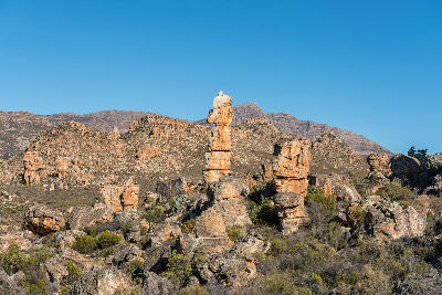 Tall sandstone rock towers and weathered pillars along the Vensterklippe Trail near Dwarsrivier in the Cederberg Mountains, Western Cape, South Africa.