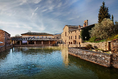 Thermal pool in the main square of Bagno Vignoni in Val d'Orcia, Tuscany, Italy.