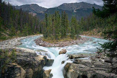 Sunwapta Falls cascading into a rocky canyon with forest and mountains in Jasper National Park, Alberta, Canada
