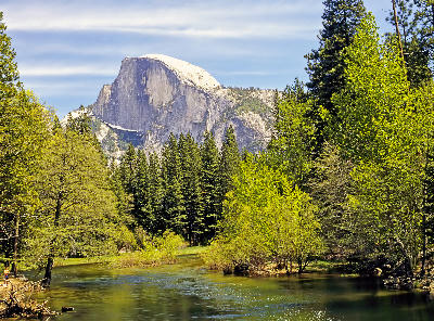 Half Dome Yosemite seen above river and pine forest with calm water reflecting trees in the valley.