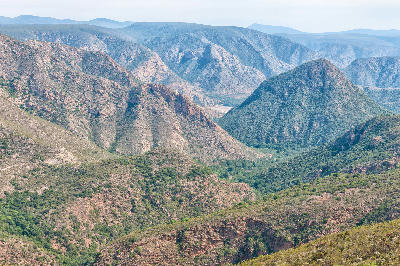 Panoramic view from Holgat Pass across the mountainous Baviaanskloof in the Eastern Cape, South Africa, with steep ridges, deep valleys and the winding road visible far below.