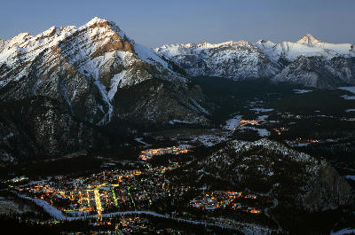 Sulphur Mountain view over Banff town at night with Cascade Mountain and Bow Valley, Banff National Park, Alberta, Canada