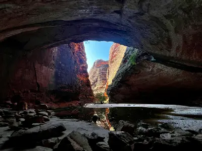 Sunlit sandstone walls framed by the cavernous interior of Cathedral Gorge, with a shallow pool reflecting the gorge beneath.