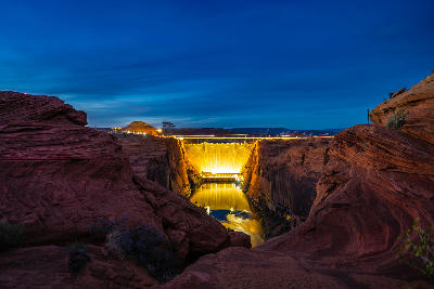 Glen Canyon Dam night illuminated Colorado River Page Arizona hydroelectric dam canyon landscape