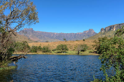 The Amphitheatre escarpment rising above a trout dam in Royal Natal National Park, Drakensberg, South Africa.