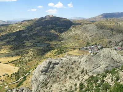 Panoramic mountain and valley view from the archaeological site of Arsameia in southeastern Turkey.
