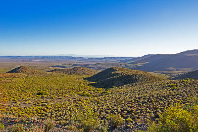 Rolling hills and semi-arid plains in the Tankwa Karoo, with distant mountain ranges stretching across the horizon beneath a clear blue sky.