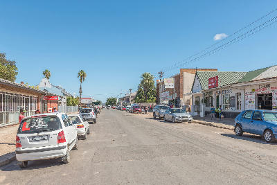 Main street and local businesses in the centre of Ladismith in the Klein Karoo.