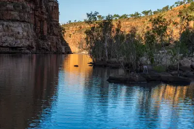 Calm blue water reflects sunlit sandstone cliffs and riverside vegetation within Chamberlain Gorge.