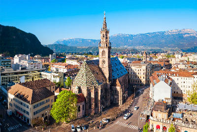 Aerial panoramic view of Bolzano Cathedral in the city centre of Bolzano, South Tyrol, Italy.