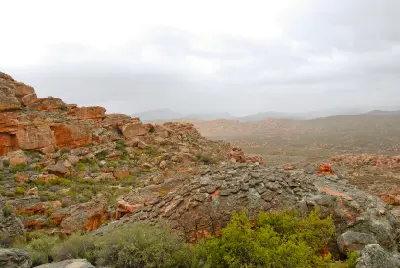 Sandstone valleys and rocky landscapes around Stadsaal Caves in the Cederberg Mountains, South Africa.