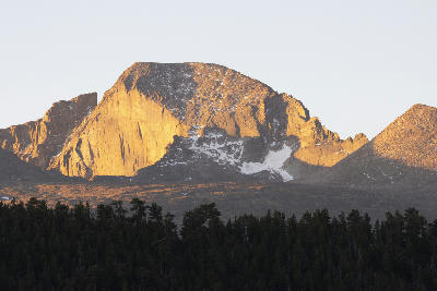 Sunrise light on Longs Peak above Moraine Park in Rocky Mountain National Park, Colorado.