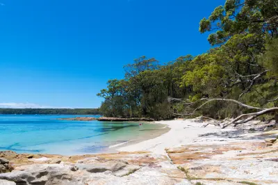 Clear turquoise water and white sand curve around Green Patch Beach, framed by sandstone rocks and dense native forest.