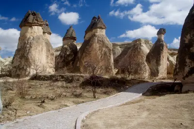 Towering mushroom-capped fairy chimney rock formations at Paşabağ (Monks Valley) in Cappadocia, Turkey, created by centuries of volcanic erosion.