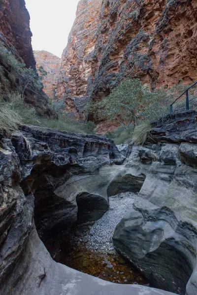 Narrow sandstone gorge with sculpted rock pools and towering banded walls inside Cathedral Gorge, Purnululu National Park.