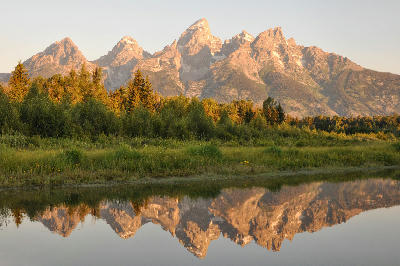 Reflection of the Teton Range in the Snake River at Schwabacher Landing during early morning light