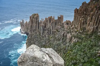 Columnar dolerite sea cliffs viewed from above at Cape Raoul, Tasmania.