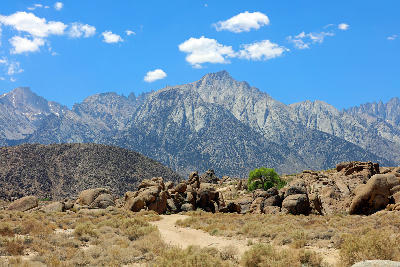 Alabama Hills rock formations with Sierra Nevada mountains Lone Pine California