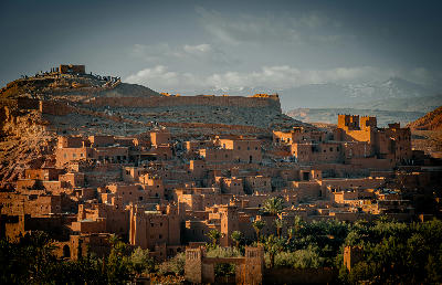 Layered mud-brick kasbahs and fortified hilltop structures at Aït Benhaddou in southern Morocco