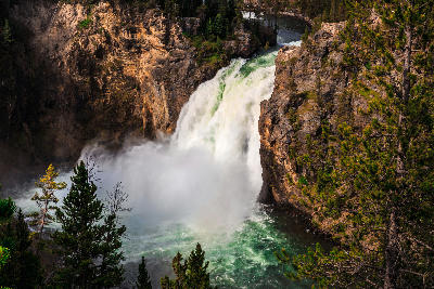 Upper Falls of the Yellowstone River plunging into the canyon with turbulent water below