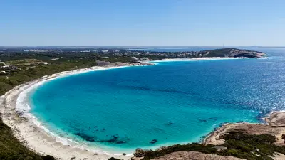 Aerial view of Blue Haven with white sand, turquoise water and granite coastline near Esperance, Western Australia.