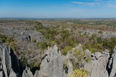 Panoramic view across the limestone forests and dry woodlands of Tsingy de Bemaraha National Park in western Madagascar