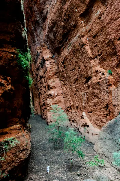 A visitor dwarfed by the immense red rock walls and narrow passage of Echidna Chasm in the Bungle Bungles.