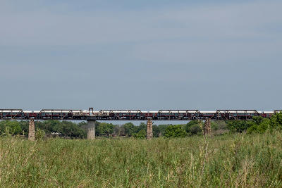 Selati Railway Bridge and Kruger Shalati train hotel overlooking the Sabie River beside Skukuza Rest Camp in Kruger National Park, South Africa.