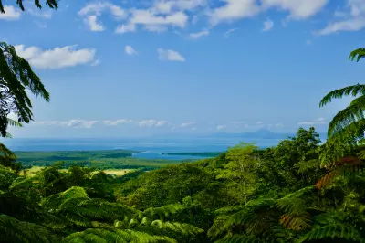  A wide colour image naturally framed by lush green fern fronds, looking over a dense rainforest canopy towards a winding coastal river mouth, the deep blue ocean, and a blue sky dotted with scattered white clouds.