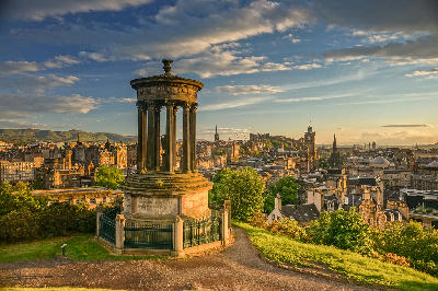 Dugald Stewart Monument on Calton Hill with panoramic views across Edinburgh city and Edinburgh Castle.