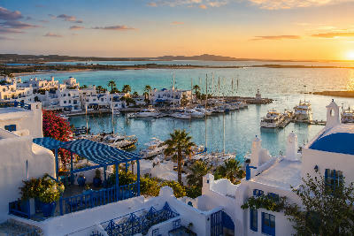 Whitewashed Mediterranean-style buildings and marina at Club Mykonos overlooking Langebaan Lagoon on South Africa's West Coast.