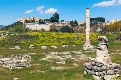 Archaeological remains of the Temple of Artemis in a green field, with a reconstructed marble column and scattered stone blocks; Ayasuluk Hill and historic buildings appear in the distance.