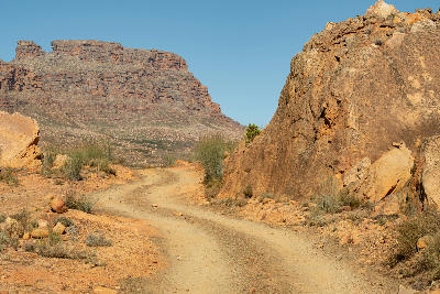 Gravel road on Eselbank Pass between Wupperthal and Eselbank in the northern Cederberg Mountains, South Africa.