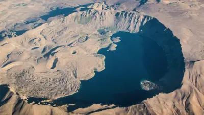 Aerial view of Nemrut Crater Lake filling the volcanic caldera of Mount Nemrut near Tatvan in eastern Turkey.