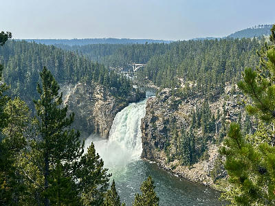 Upper Falls of the Yellowstone River with upstream bridge and forested canyon
