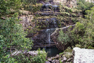 Motitsi Falls flowing into a small plunge pool beneath layered rock cliffs in Graskop Gorge, Mpumalanga, South Africa.