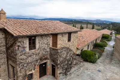Stone buildings of Castello Banfi wine estate near Montalcino in Tuscany.