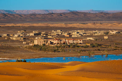 Merzouga settlement beside the Erg Chebbi dunes in southeastern Morocco.