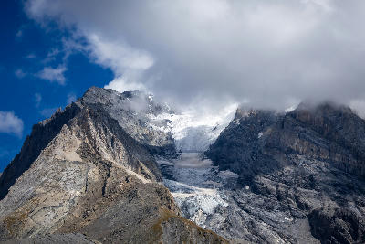 Cloud-covered glacier on the Grande Casse massif in Vanoise National Park